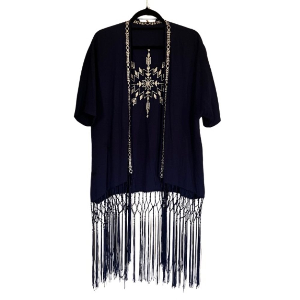 Love Tree Navy & White Embroidered Short Sleeve Open Caftan